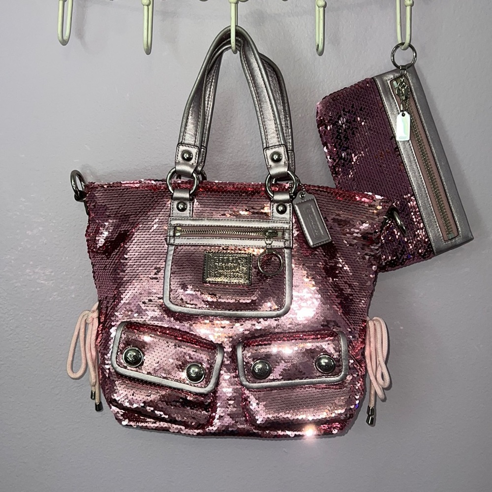 Coach poppy disco pink bag and pouch